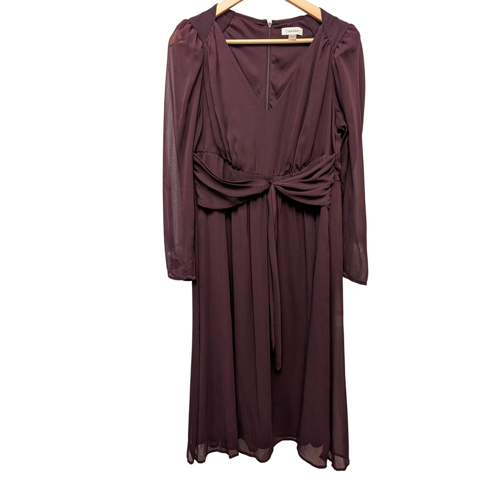 Calvin Klein Purple V-Neck Midi Dress Chiffon Mesh Long Sleeve Party Wedding 14